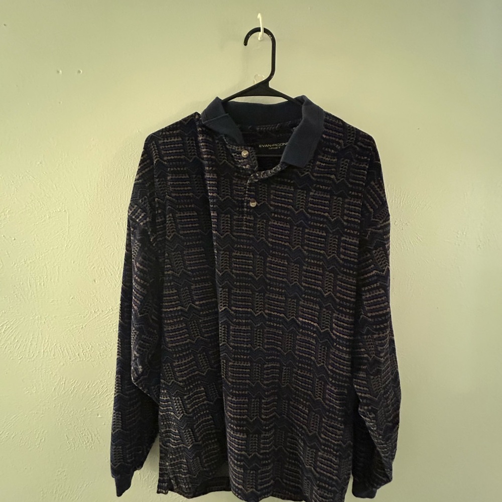 Navy Patterned Long Sleeve Velvet Polo Shirt